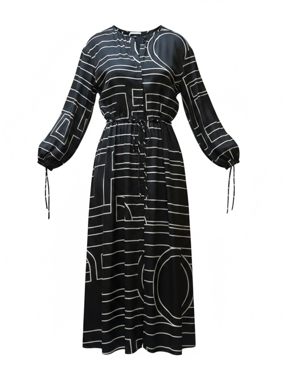 Zara Black Midi Dress with White Geometric Lines Mod Geometric Caftan Sz XL